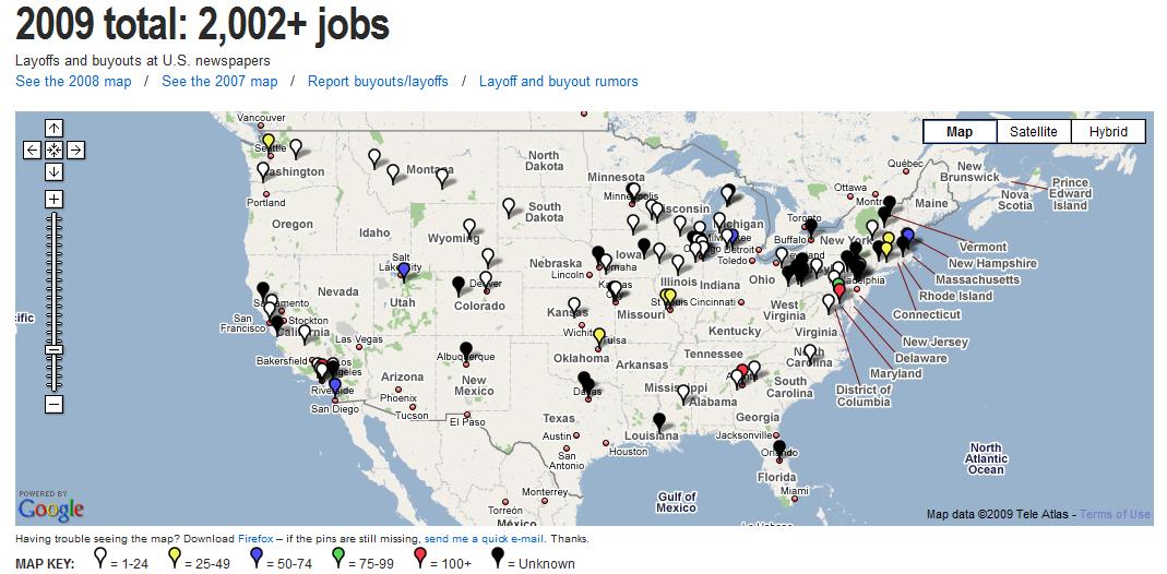 I used to have a map of the U.S. that I used to mark with pushpins for each of the newspapers I'd gotten a rejection letter from. That's part of why my heart sinks every time I see the Paper Cuts map. It's like my personal experience, but on the macro level.