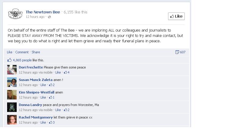 The Newtown Bee has almost 5,000 likes for its plea to leave the shooting victims alone.