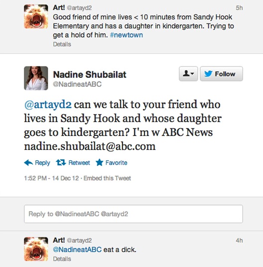 An ABC producer tried to get an interview with a Newtown source after the school shooting there. The recipient of the tweet was less than pleased.