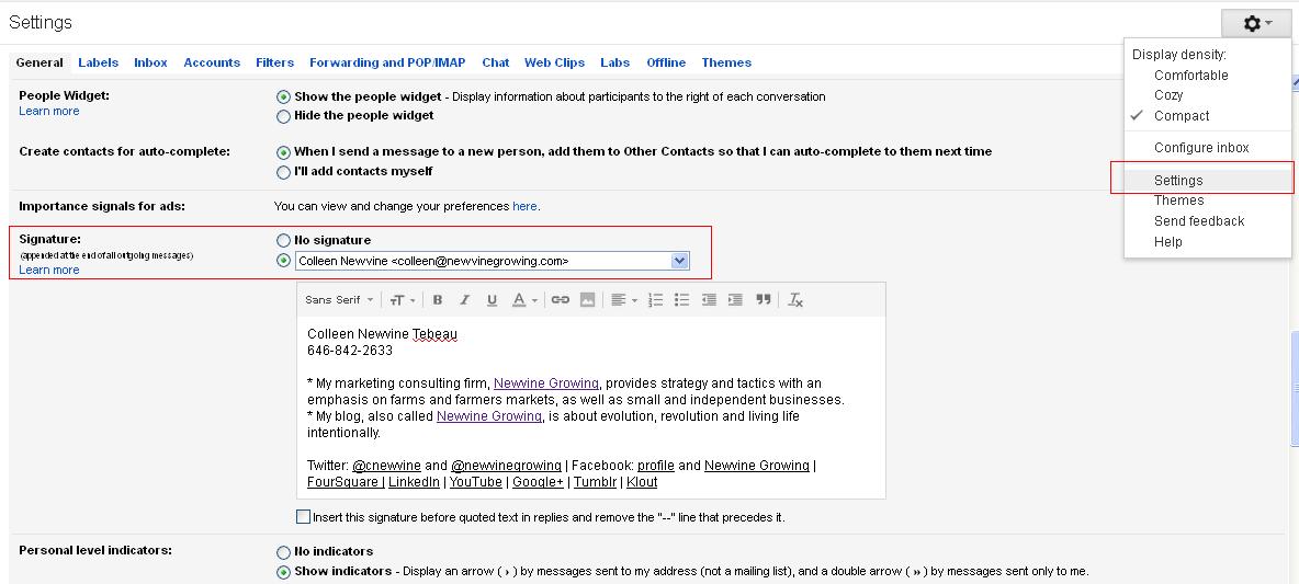 Most email programs make it easy to set up a signature file. Here Google offers hyperlinks, formatting like bold and italics and more. Just make sure whatever you set up looks good on smartphones and in various email programs.